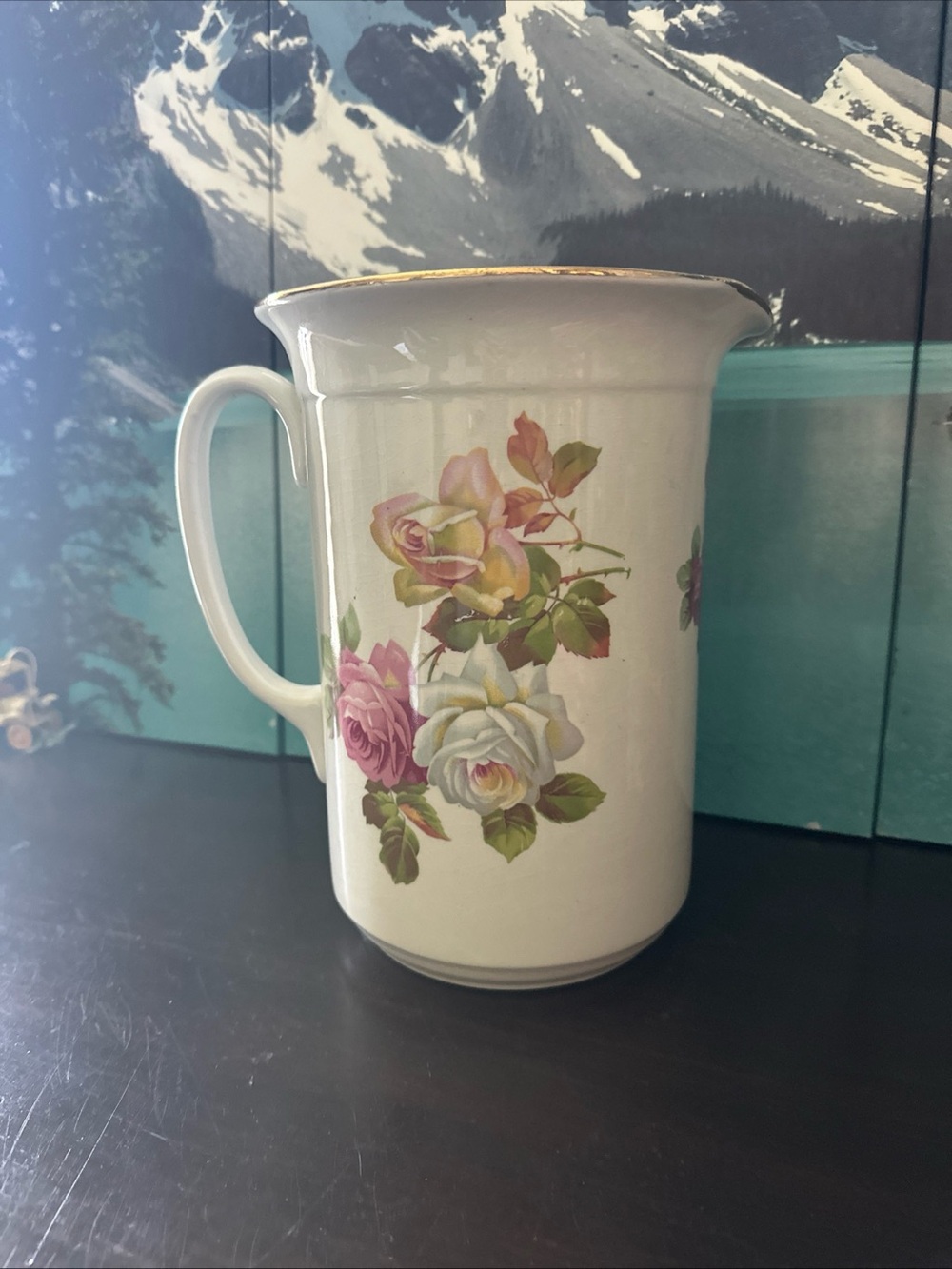 Ceramic Floral Pitcher with Pink and Yellow Rose Motif
